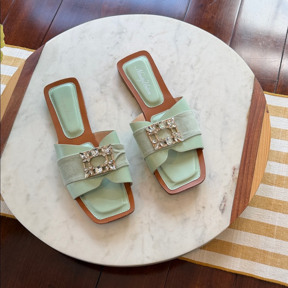 Mint Embellished Buckle Slide Sandals - Women